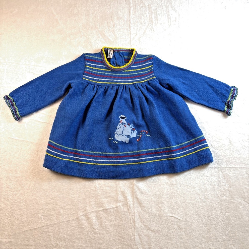 Vtg 90s Blue Sesame Street Cookie Monster Girls Sweater Toddler Dress Size 3T-4T